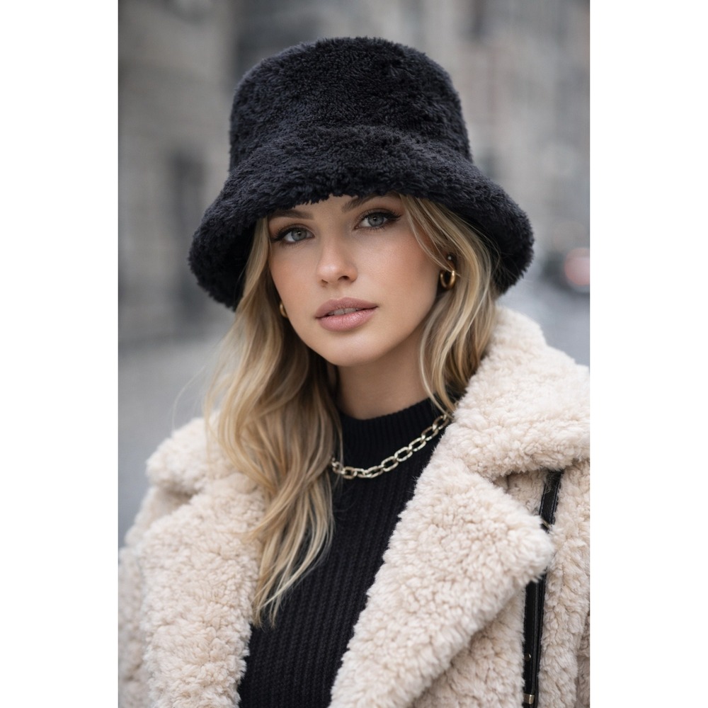 Black‎ Faux Fur Bucket Hat Fuzzy Winter Cloche Streetwear One Size 90s Style Coy